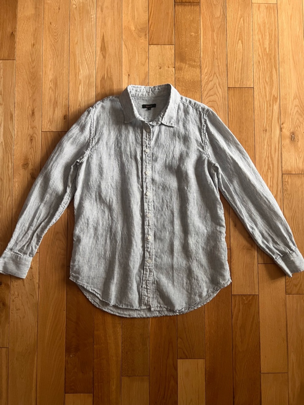 Quince Womens 100% European Linen Long Sleeve Shirt Button Up Blue Pinstripe Med
